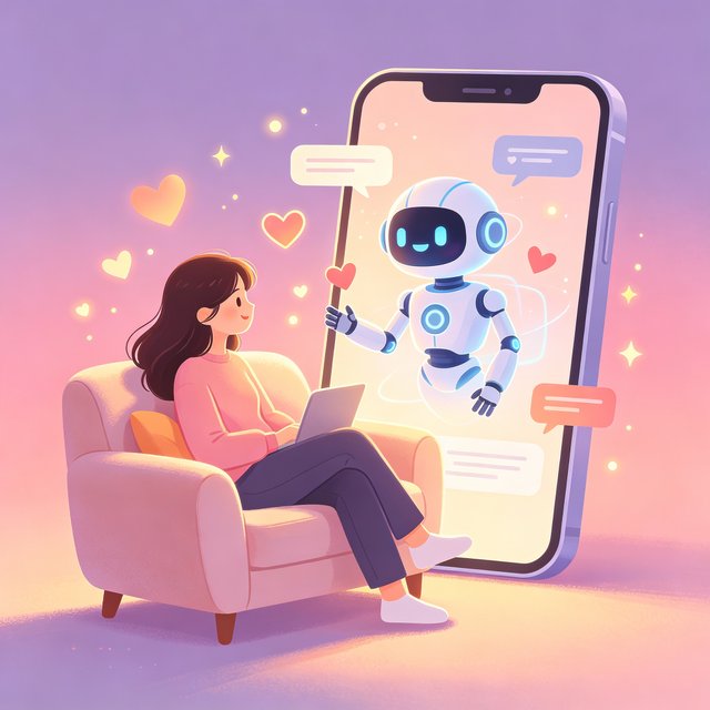 talkmaker AI 陪伴产品介绍插画：女孩与手机中的虚拟AI温暖对话